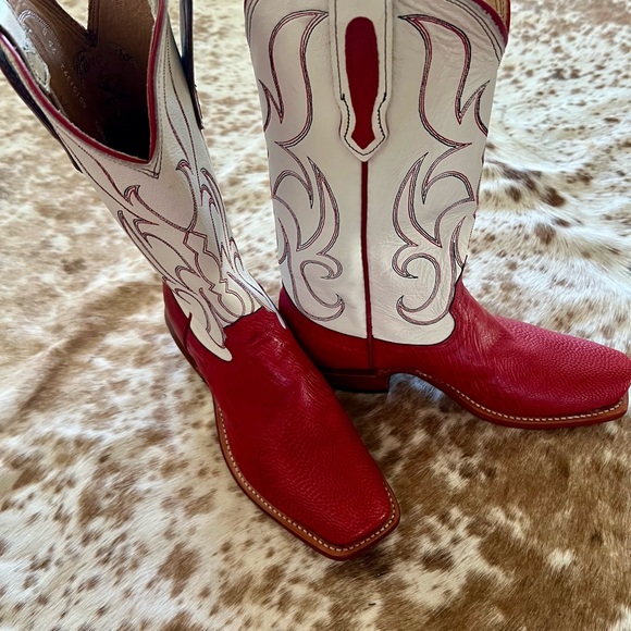 Red and Cream Smooth Ostrich Boots 7.5 B - Picture 4 of 6